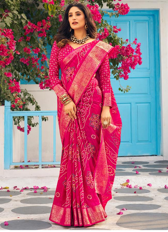 Munga Silk Rani Pink Party Wear Printed Saree